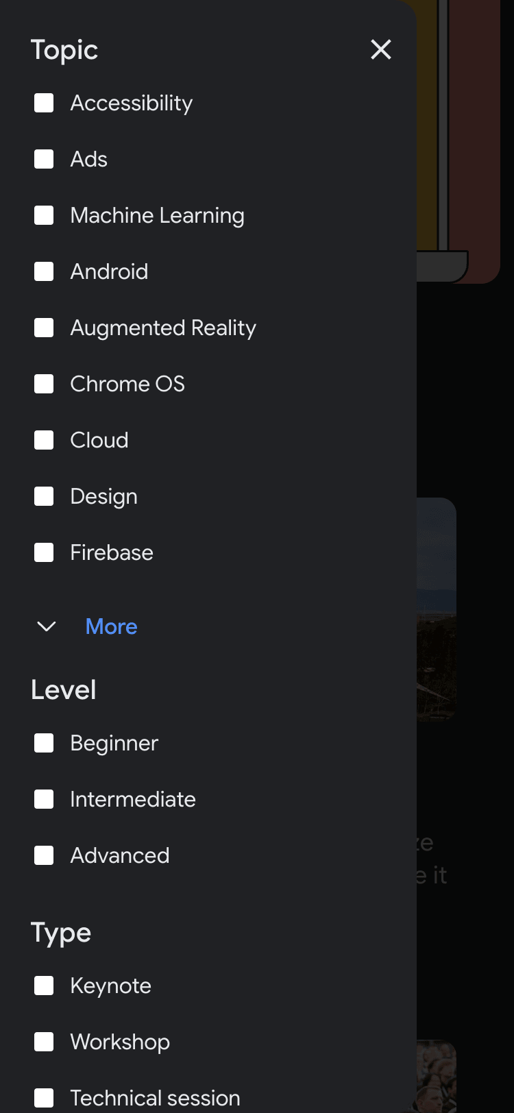 Mobile screenshot of the Google I/O 2022 program filters overlay. The overlay contains a list of filters such as 'Topic' and 'Level'. Each filter has a list of checkboxes.