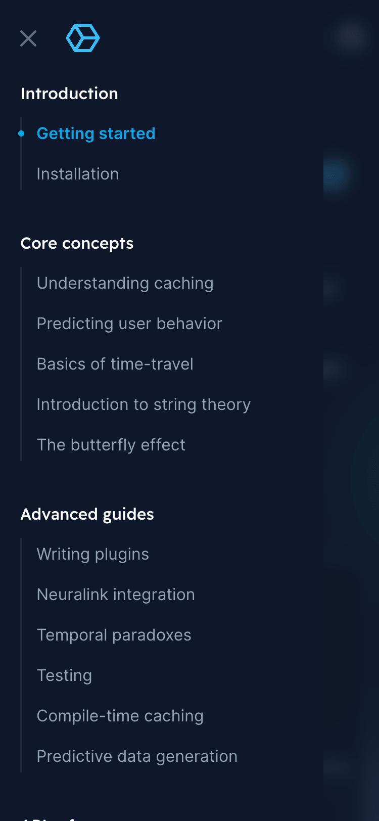 Mobile screenshot of the Syntax Tailwind UI template main navigation. The navigation overlay extends from the left side of the screen and covers the site content. There is a close button and logo at the top of the overlay. The site pages listed top to bottom and are grouped into categories with headings.