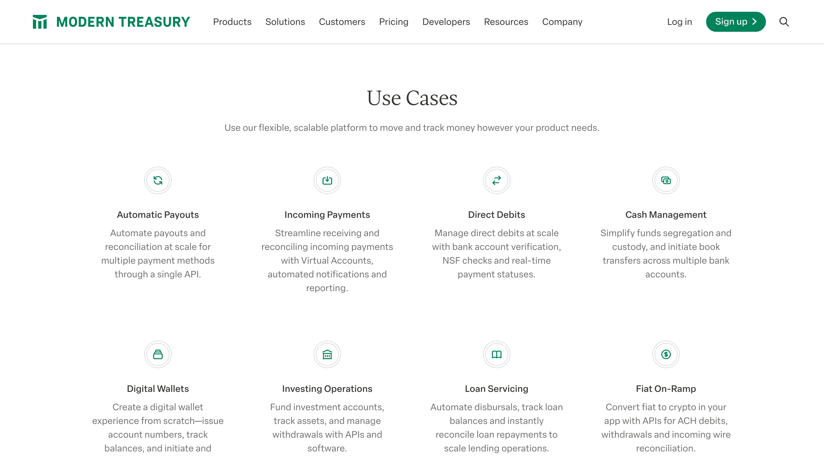 Screenshot of the 'Use Cases' section of the Modern Treasury website. The header contains the Modern Treasury logo, main site navigation,'log in' and 'sign up' buttons, and a search button. The main part of the page contains a list of use cases in a grid layout with four columns and two rows. Each item has an icon, a title, and a short description.